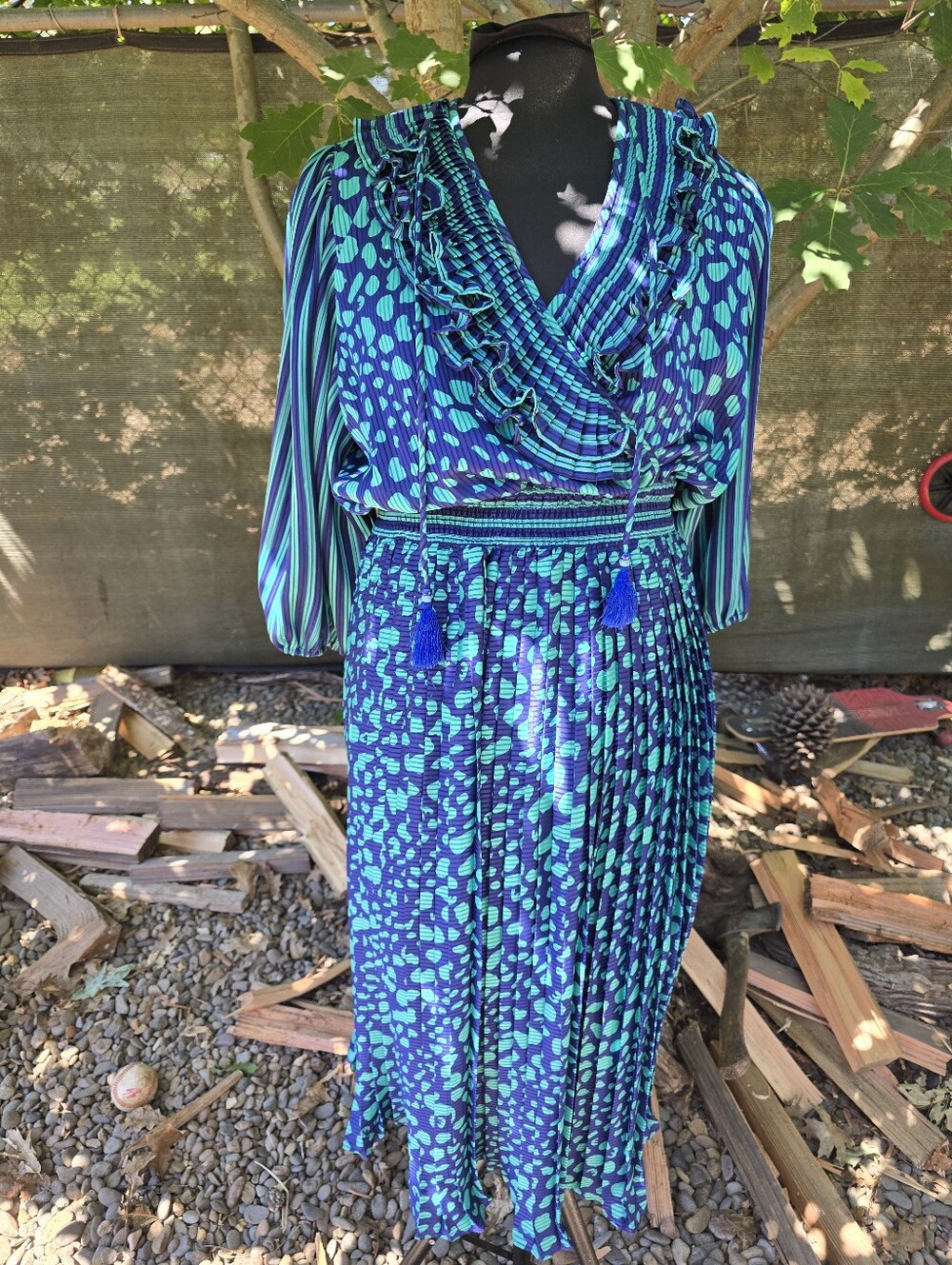 Vtg 80's Blue Green Print Striped Pleated Midi Dress Maximalist Art to Wear Luxe